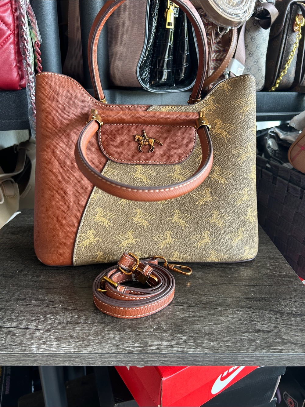 Brown Two-Tone Leather Tote Handbag with Horse Motif